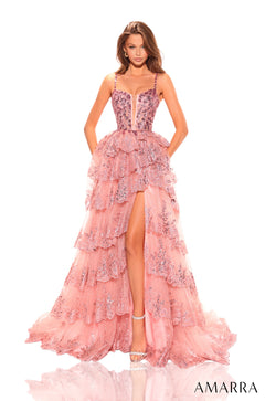 A rose gold tiered lace gown with a high slit and sparkling sequin overlay on a white background.