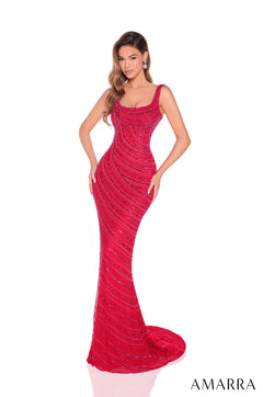 A model wears a fitted, floor-length Red/Bright Fuchsia gown with sparkling diagonal stripe embellishments.