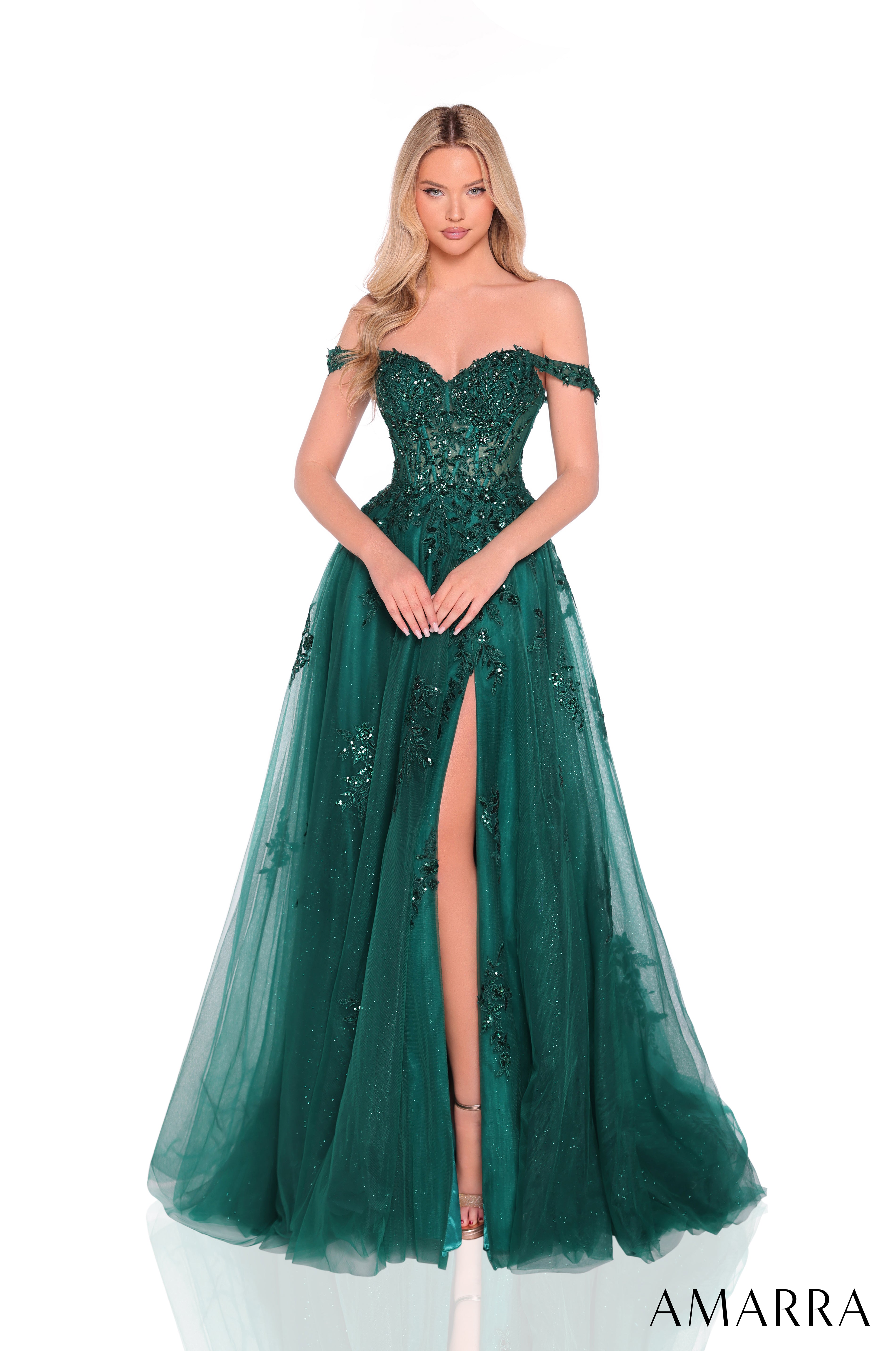 Amarra 88938 | Off-Shoulder Lace Bodice Ball Slit Prom Gown