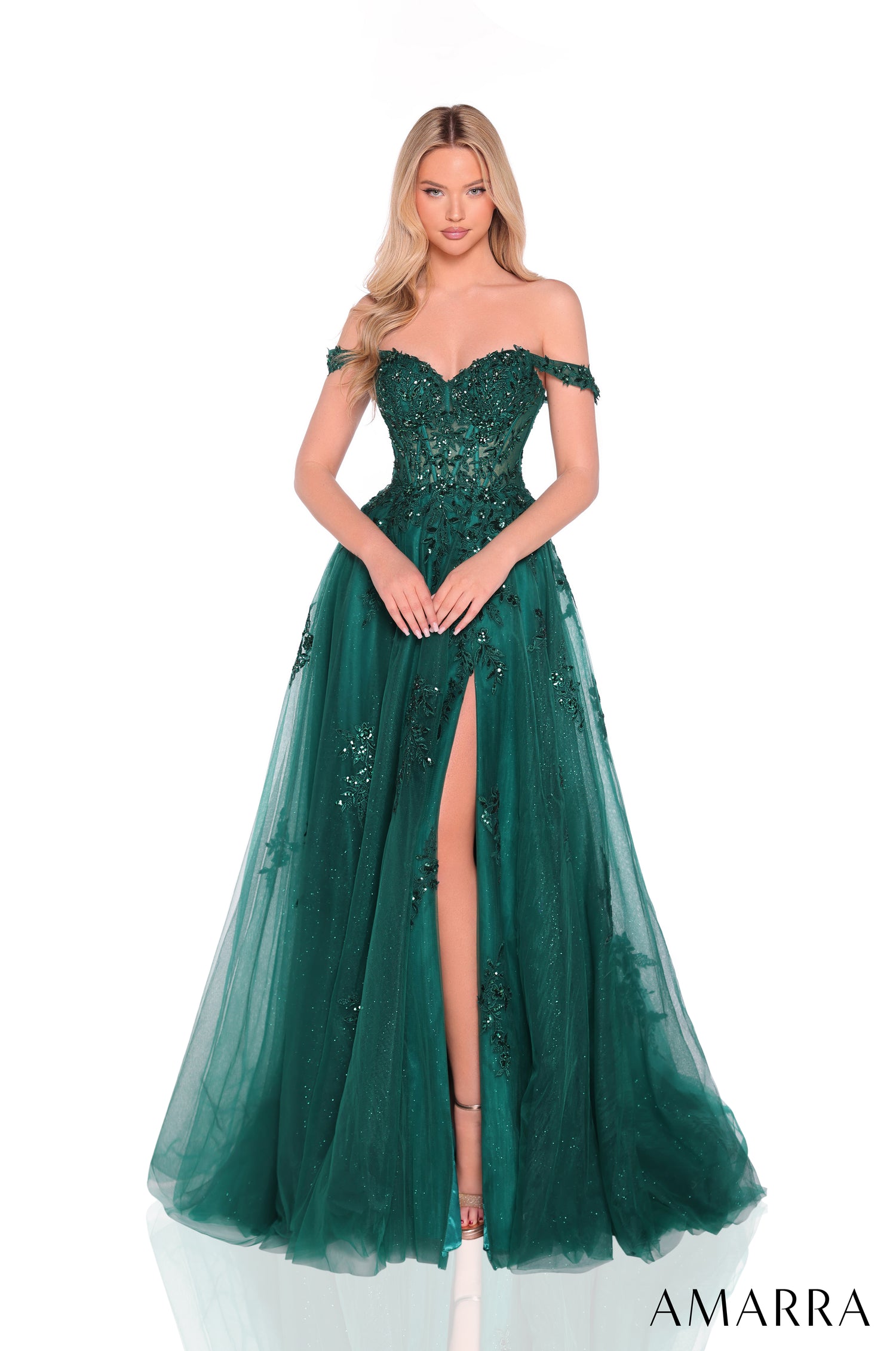Amarra 88938 | Off-Shoulder Lace Bodice Ball Slit Prom Gown AMARRA Amarra 88938 | Off-Shoulder Lace Bodice Ball Slit Prom Gown AMARRA