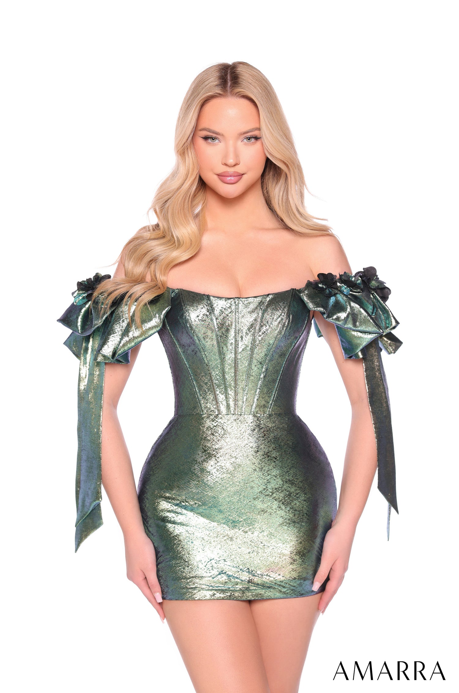 Woman wears a tight, off-shoulder metallic bright green mini dress with bow-adorned sleeves.