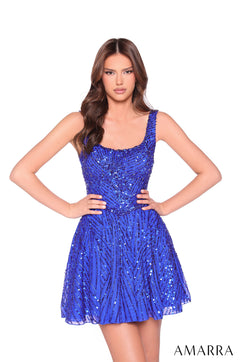 A model wears a short, fitted Bright Royal sequin dress with a flared skirt and square neckline.