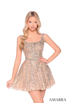 A blonde model wears a Nude/Silver sequined mini dress with a fitted bodice and flared skirt.
