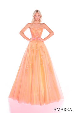 A strapless Orange ballgown with a corset bodice, embellished with sparkly details and a full tulle skirt.