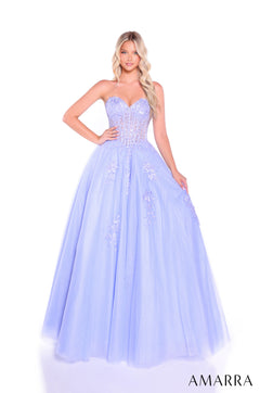 A lavender ball gown with a shimmering corset bodice and full tulle skirt, styled on a model against a white background.