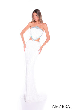 A strapless, floor-length Amarra gown in Ivory/Light Blue with sequin embellishments and a cutout waist.