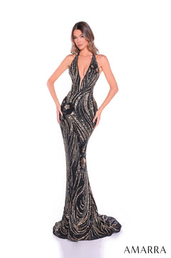 A slim-fit, floor-length sequined gown in Black/Gold with a plunging neckline and intricate swirling pattern.