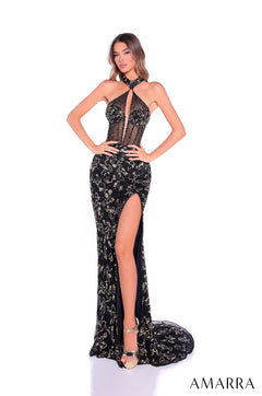 A woman wears a Black/Gold sequined halter gown with a high slit and sheer corset-style bodice.