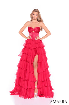 A long, strapless, tiered Red gown with a sweetheart neckline and high side slit by Amarra.