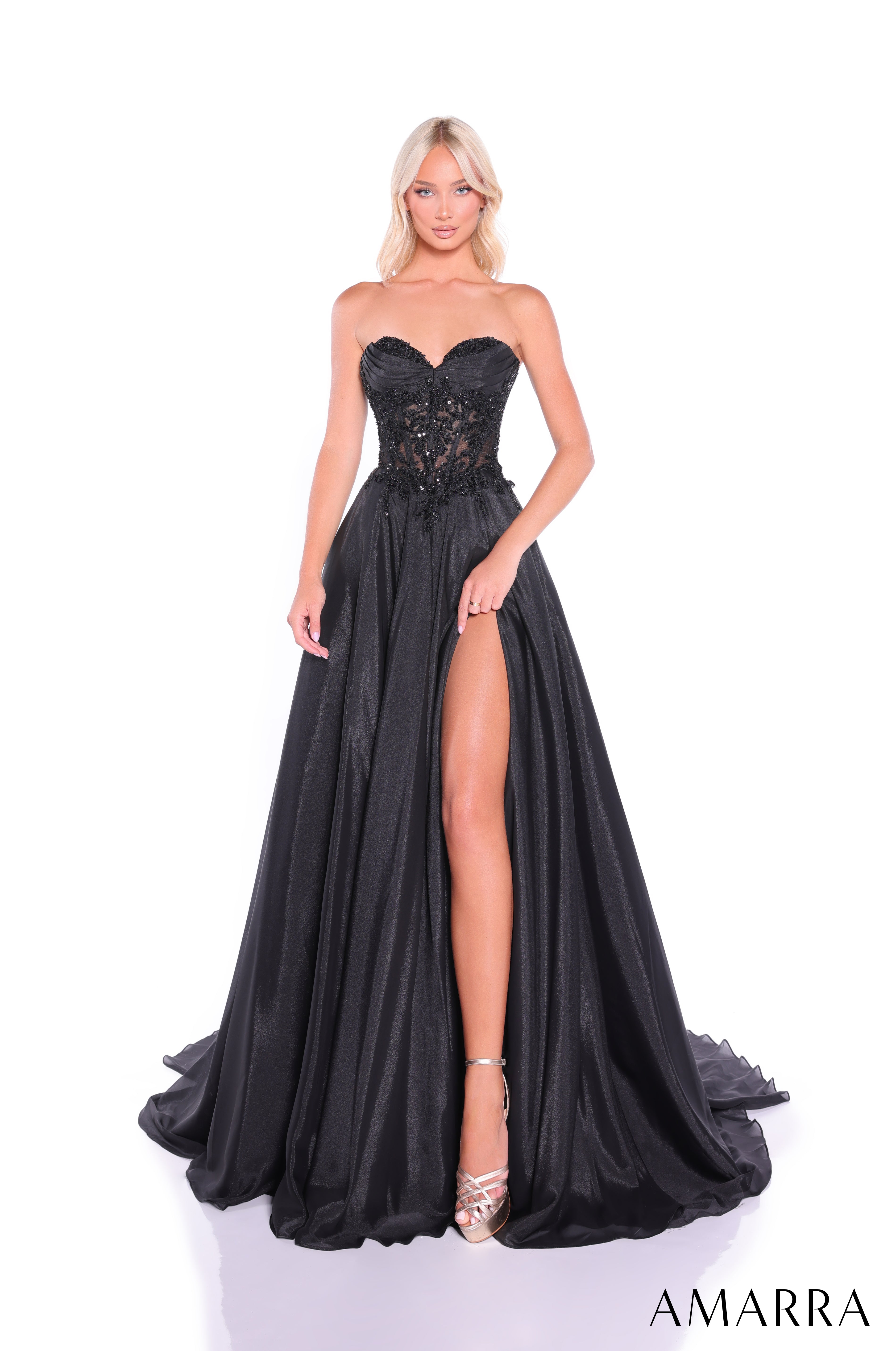 Amarra 89315 | Sweetheart Satin Corset High Slit Prom Gown – AMARRA