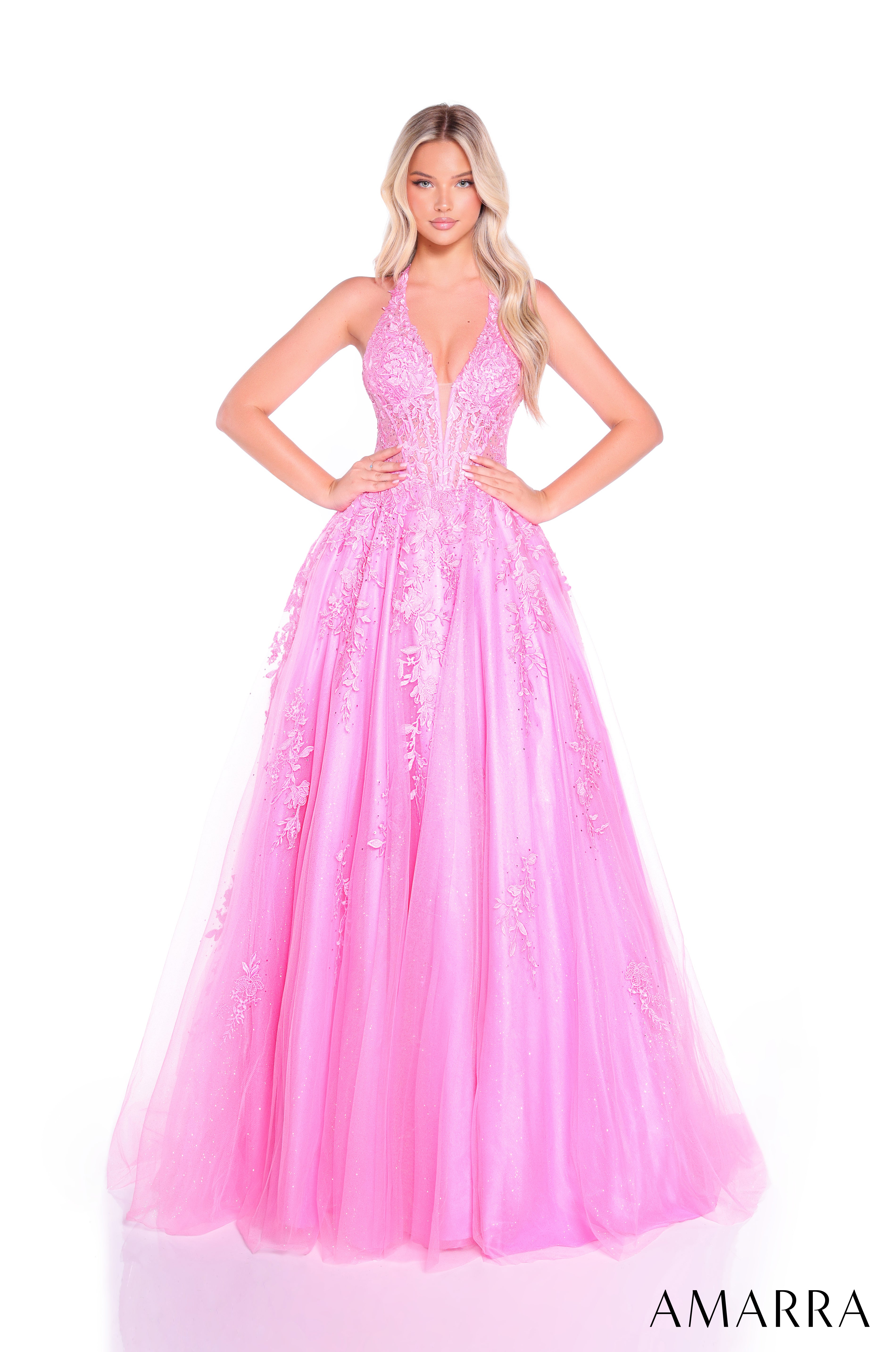 Amarra 89317 | Plunging Halter Ball Lace Appliqué Prom Gown – AMARRA