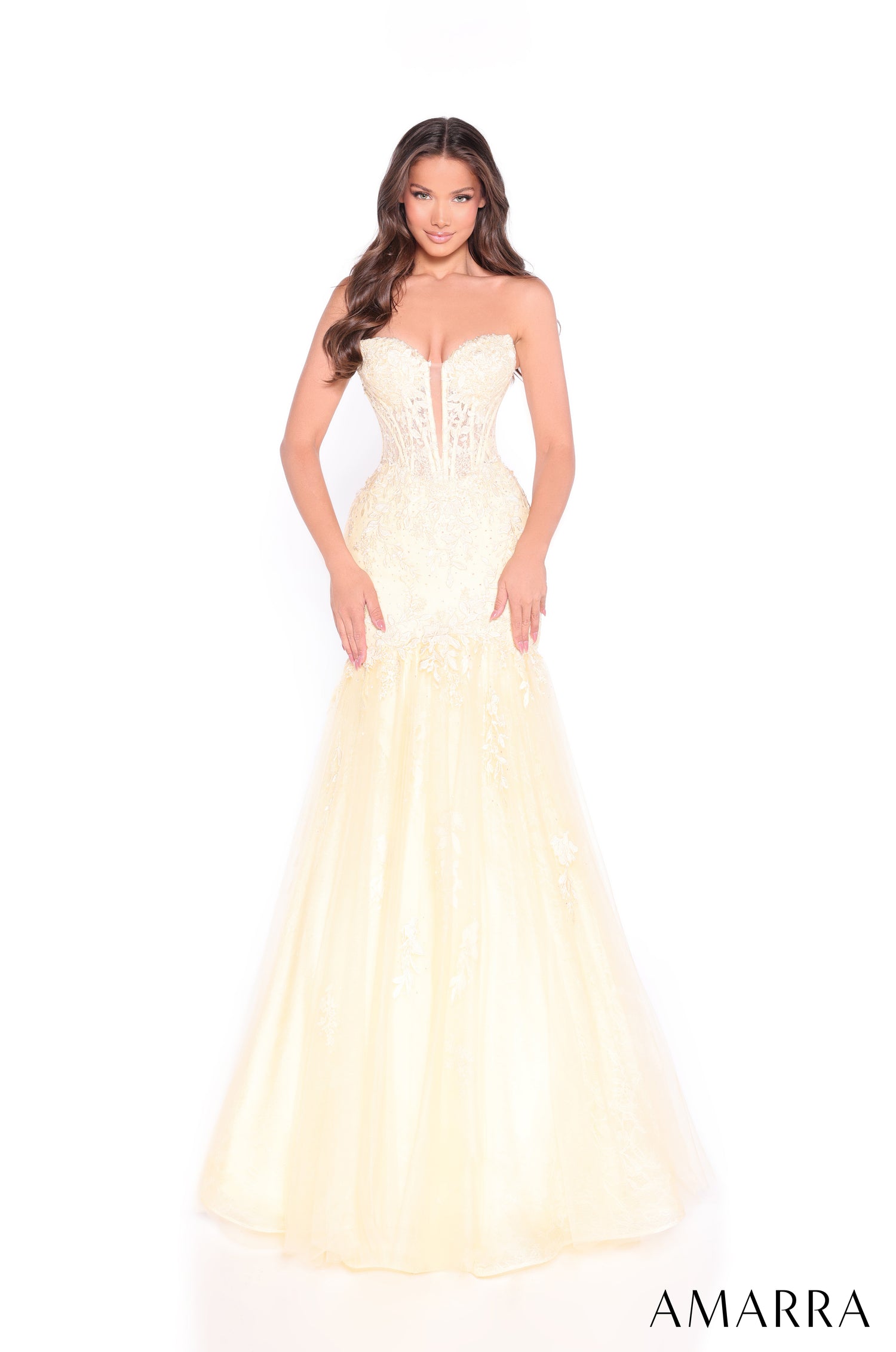 light yellow mermaid prom dress Amarra 89319