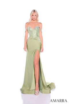 A floor-length sage gown with a sheer corset top, off-shoulder straps, and a dramatic high leg slit.
