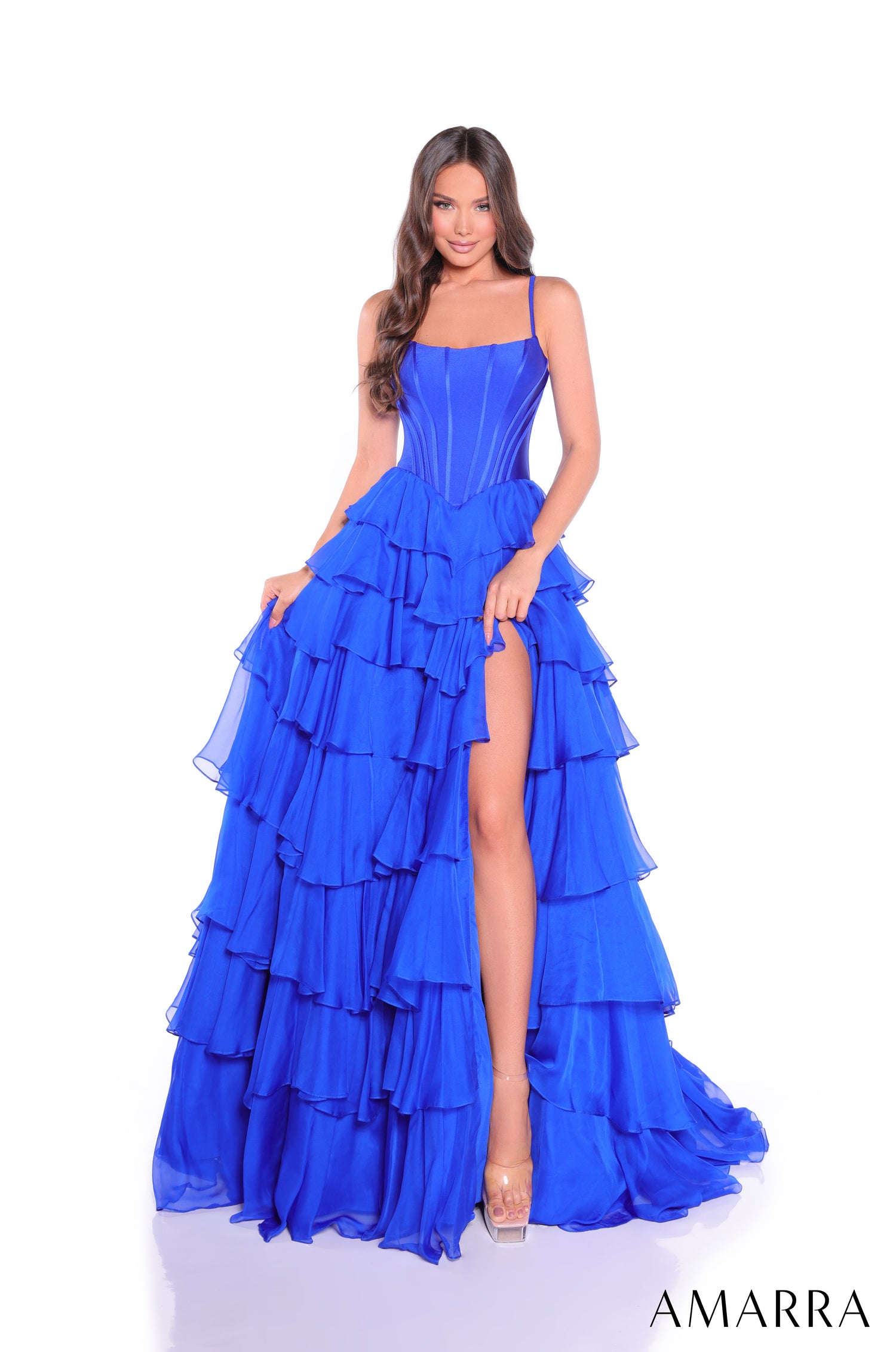 Amarra 89461 | Tiered Ruffle Chiffon Lace-Up Back Prom Gown  AMARRA