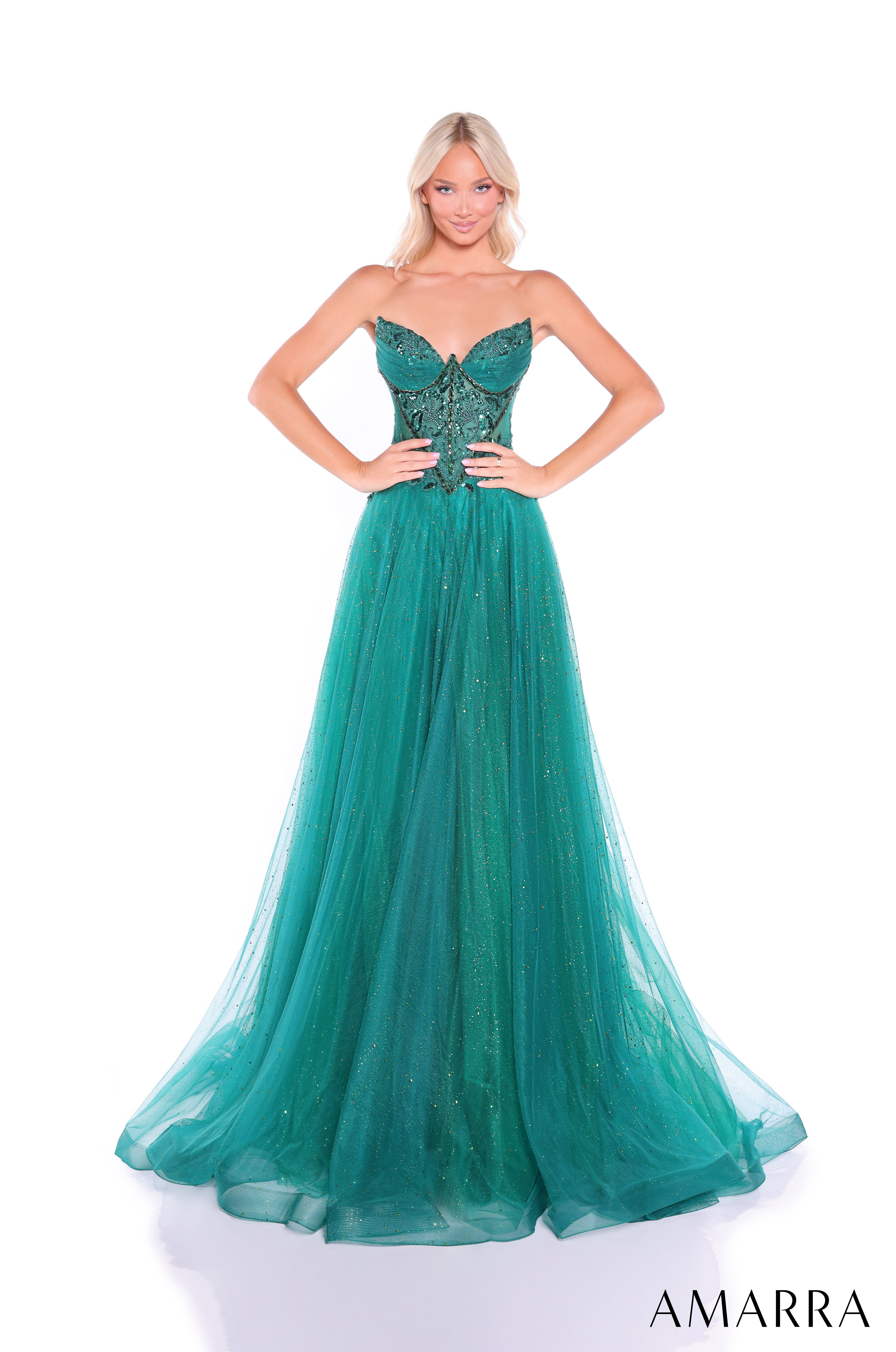 Amarra 89488 | Strapless Corset Ball Glitter Tulle Prom Gown – AMARRA