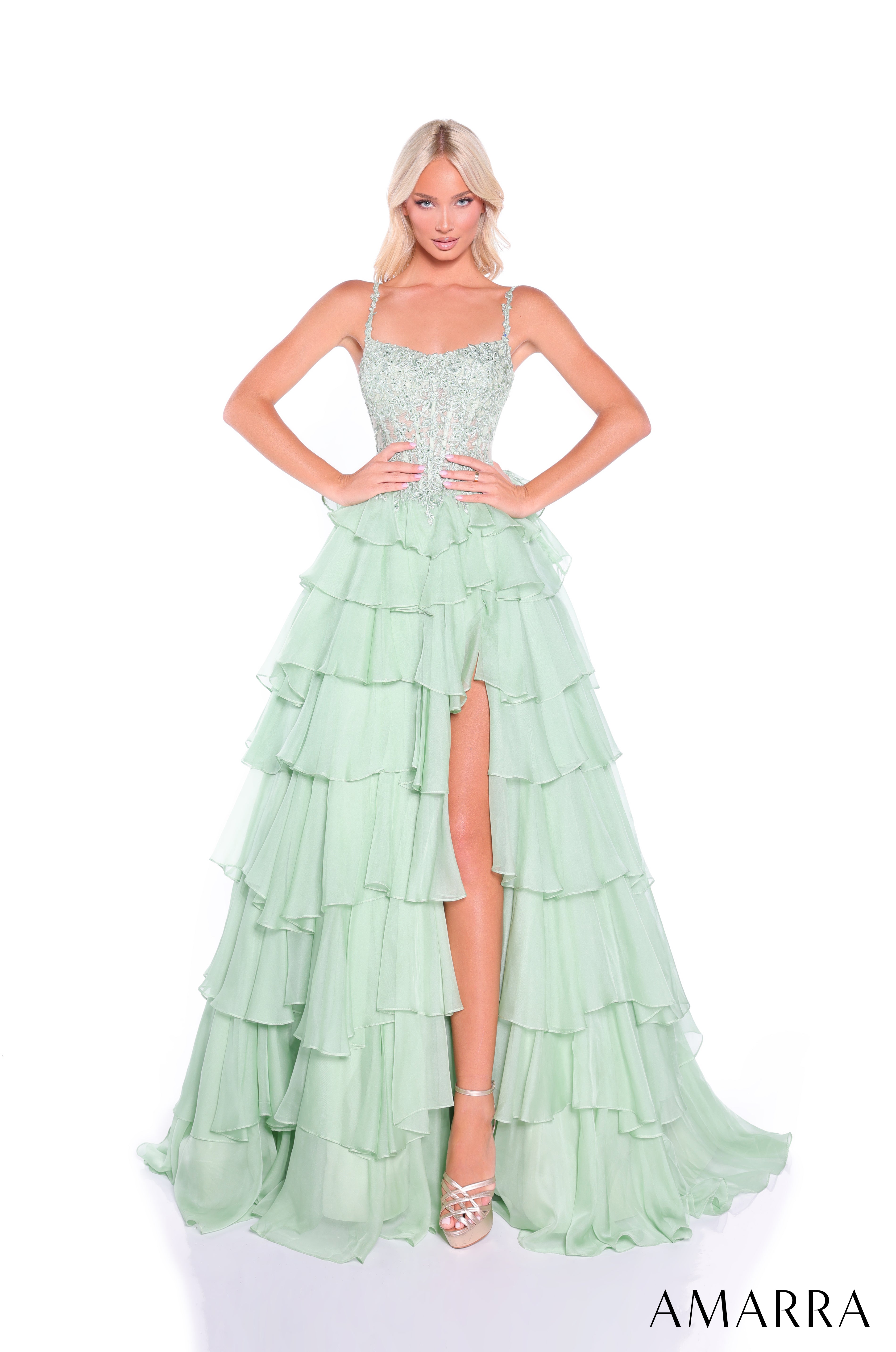 Amarra 89507 | Lace Bodice Tiered Ruffle Skirt Prom Gown
