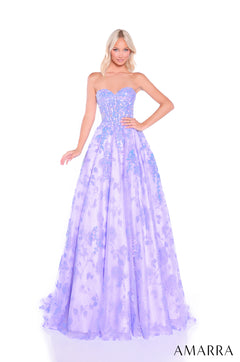 A blonde model wears a strapless lilac ballgown with shimmering sequins and a full, flowing skirt.