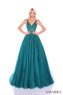 A full-length, emerald green ball gown with a lace bodice and tulle skirt, modeled on a white background.