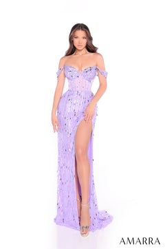 A model wears a lilac off-shoulder gown with sequins and a high leg slit, standing against a white background.