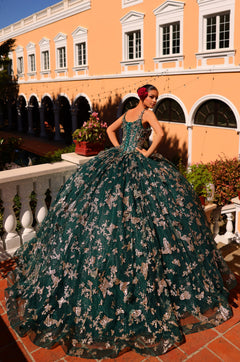 A woman in a deep green and silver butterfly-patterned ball gown poses in an ornate courtyard with arched windows.