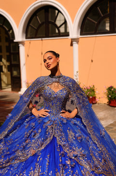 A model wears an ornate royal blue ball gown with silver embellishments against a warm-toned archway backdrop.