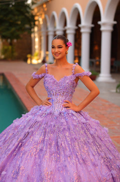 A woman in a lavender ball gown stands confidently by a pool with white arched columns.