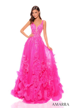 A hot pink ballgown with a plunging neckline, floral appliqués, and a ruffled tulle skirt.