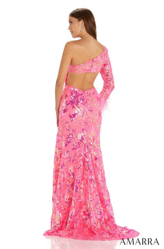 Pink one-shoulder sequin gown with cutout back and long sleeve, viewed from behind.