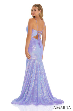 A lavender sequined mermaid-style evening gown with a corset back and long train.