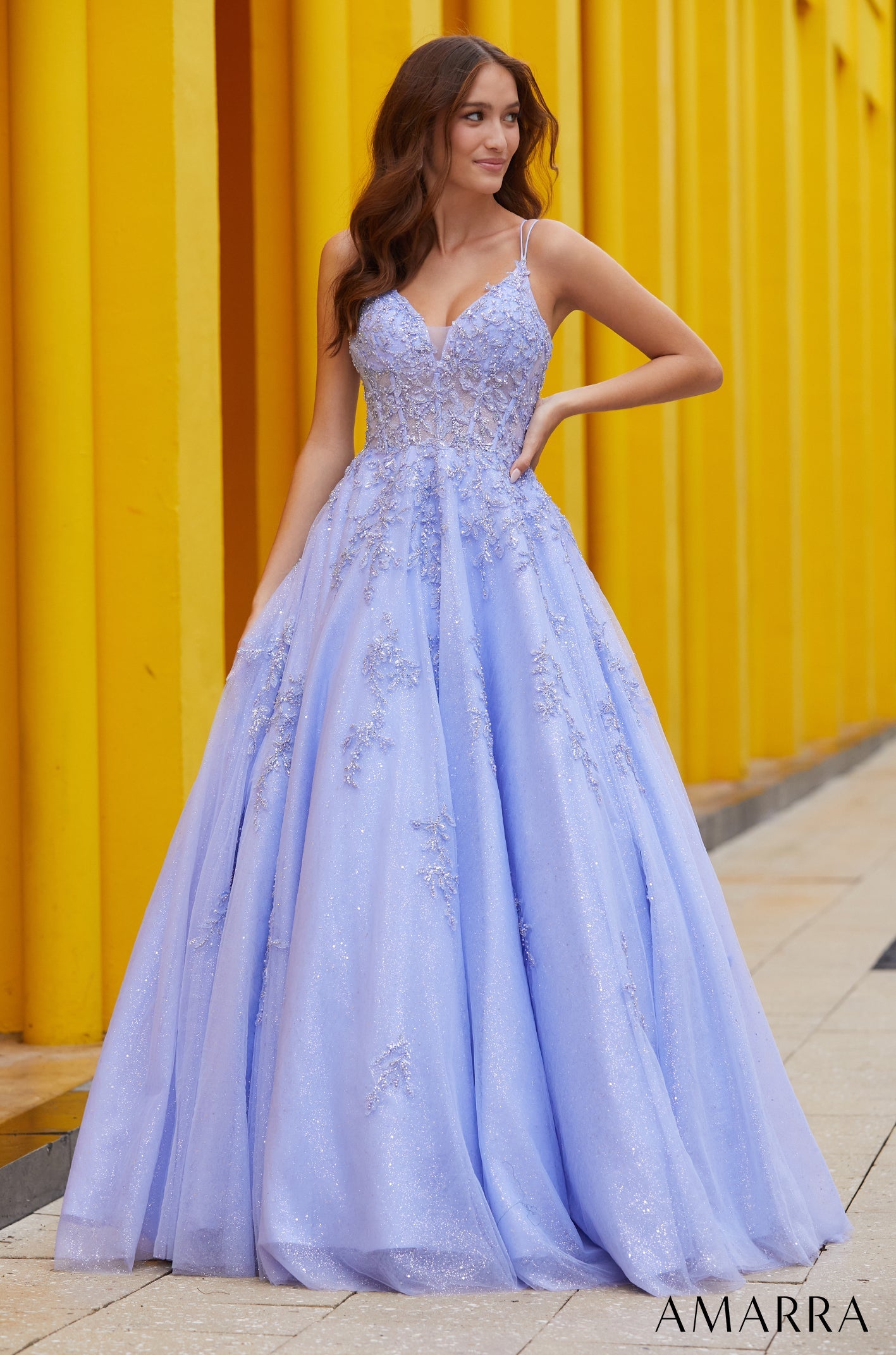 periwinkle colored prom dress Scala 61343 Long Fitted Prom Dress - Iris Blue - Spaghetti Straps & Sequins