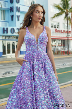 A sparkling lavender sequined ball gown with a deep V-neckline.