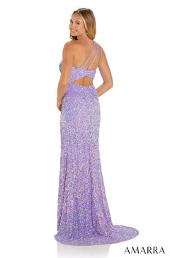 A sparkly lavender sequin gown with an asymmetrical one-shoulder cutout back, photographed from behind.