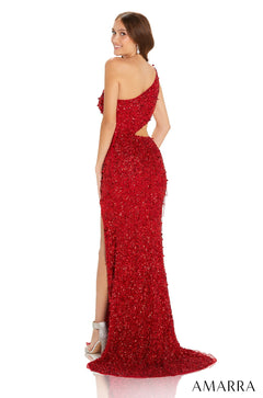 A model wears a sparkling red one-shoulder sequin gown with a high slit, viewed from behind.
