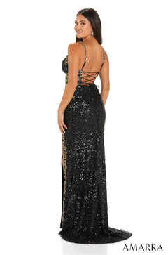 A woman wears a black sequin gown with a corset back and side slit, posing from behind.